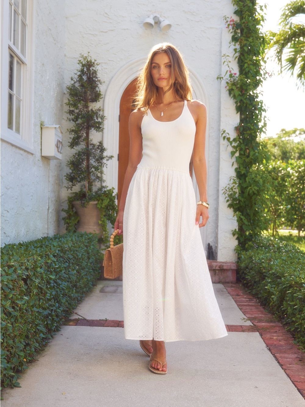 White Eyelet Midi Dress | Sleeveless Cotton Summer Dress with Pockets - Picture 3 of 7